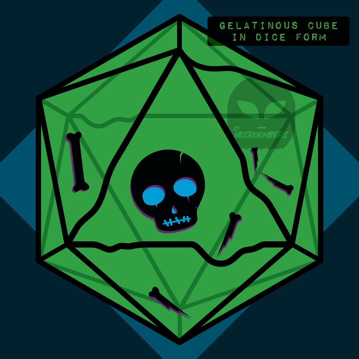 gelatinous cube as a d20 dice containing a skull and some bones